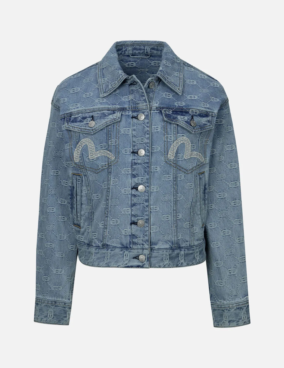 Allover Logo and Seagull Embroidery Loose Fit Denim Jacket