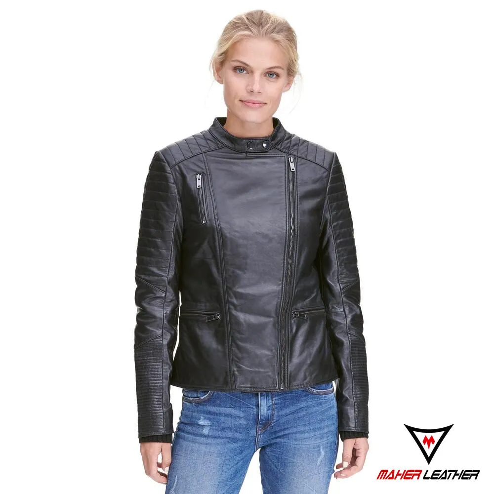 Black moto Asymmetrical Quilted leather jacket women