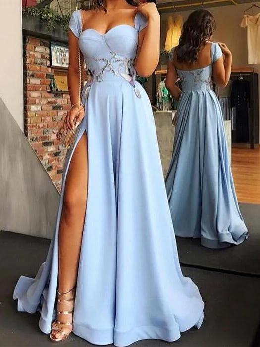 Blue Side Slit Long A Line Prom Dress with Cap Sleeves