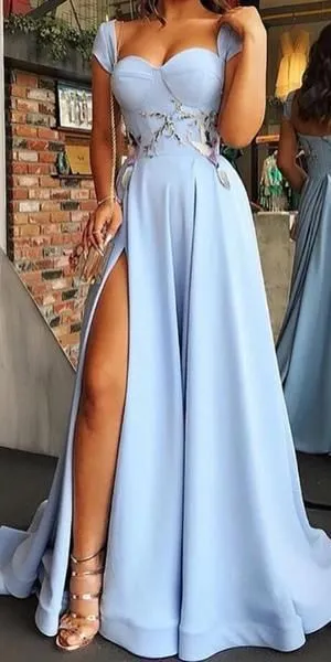 Blue Side Slit Long A Line Prom Dress with Cap Sleeves