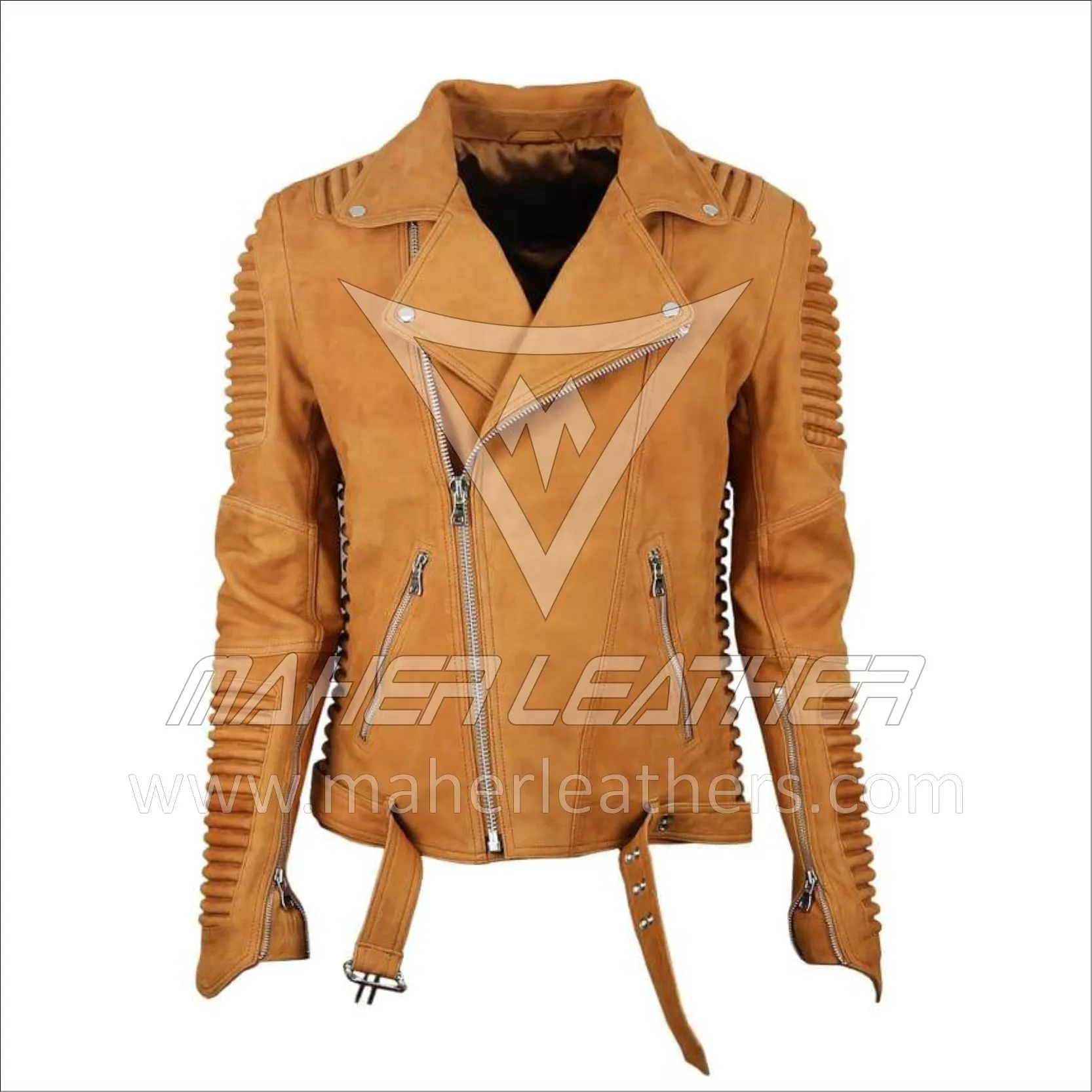 Brown camel leather moto jacket mens Stealth Camel Nubuck