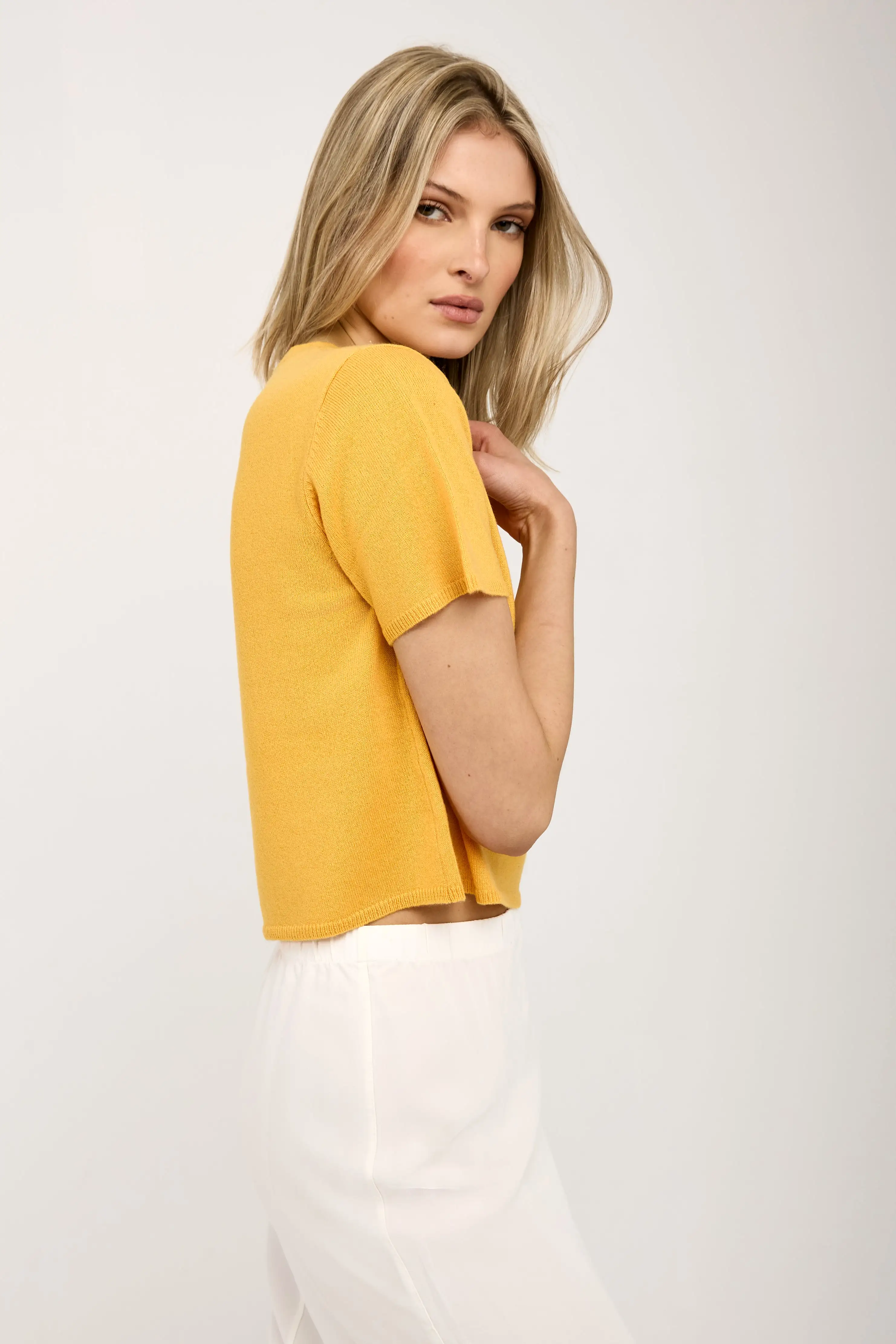 Charleston Short Sleeve Cashmere Top in Marzipan