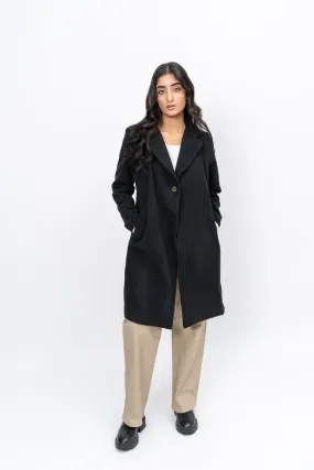 Classic One-Button Wool Coat - Black