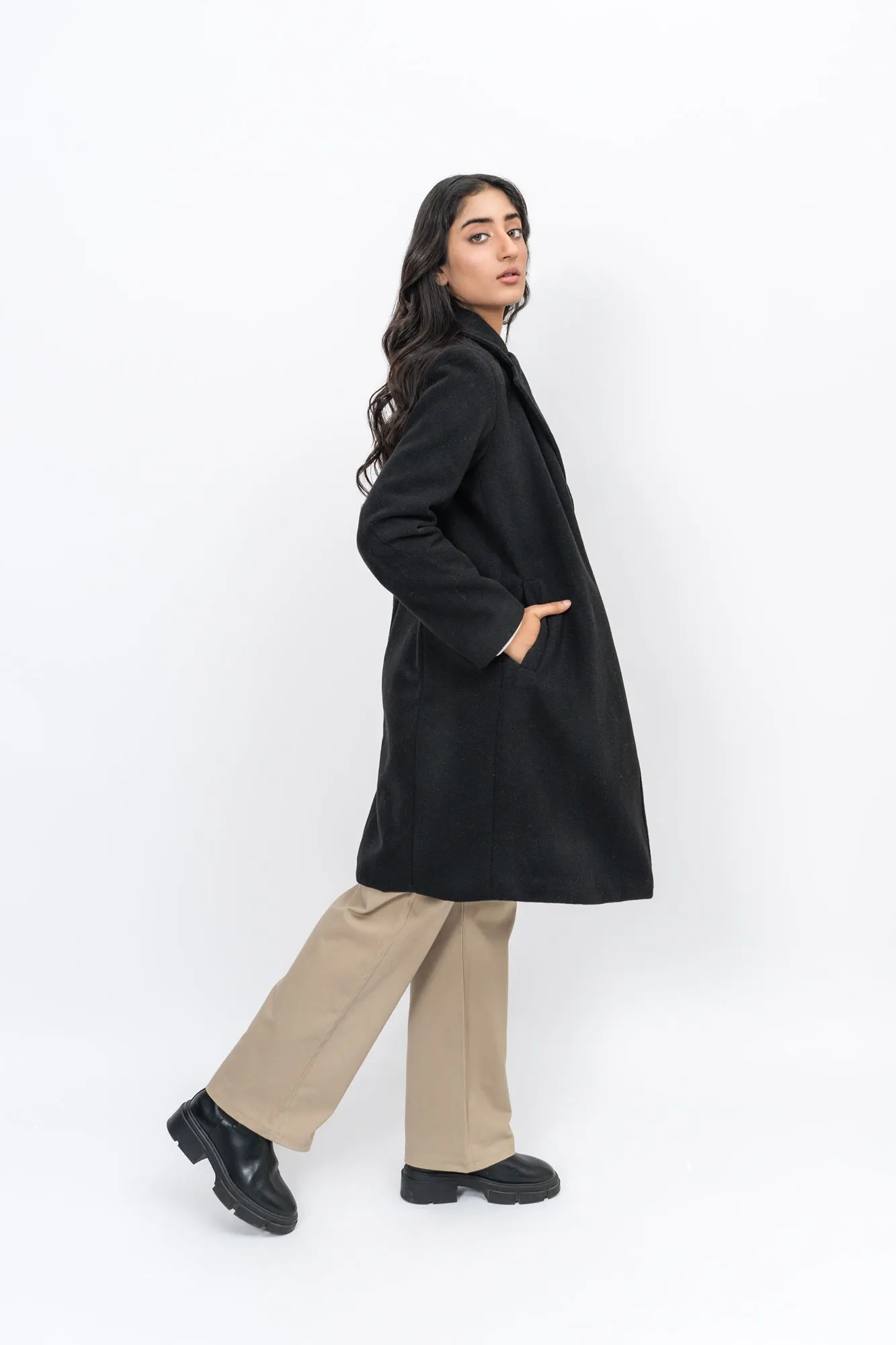 Classic One-Button Wool Coat - Black