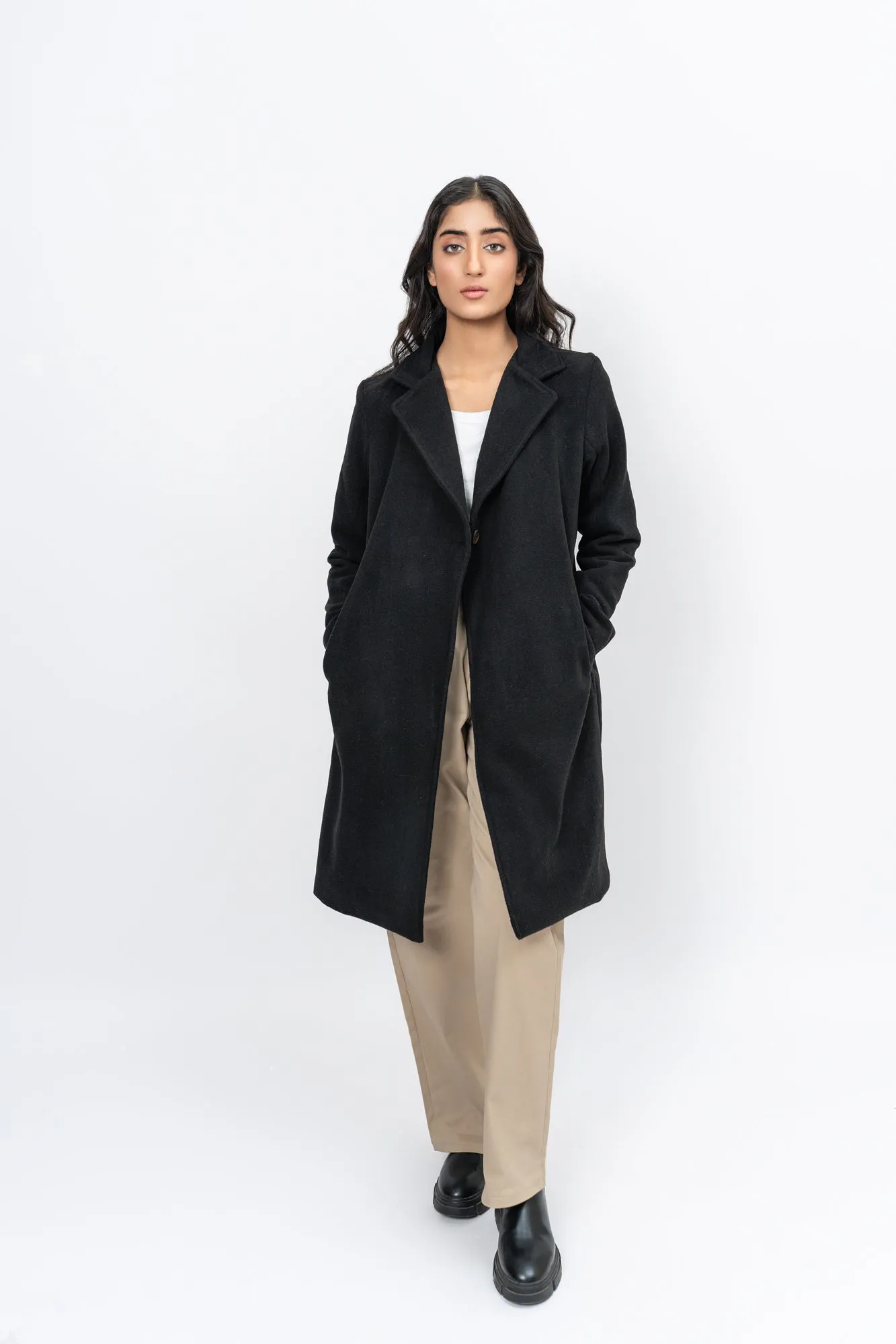 Classic One-Button Wool Coat - Black