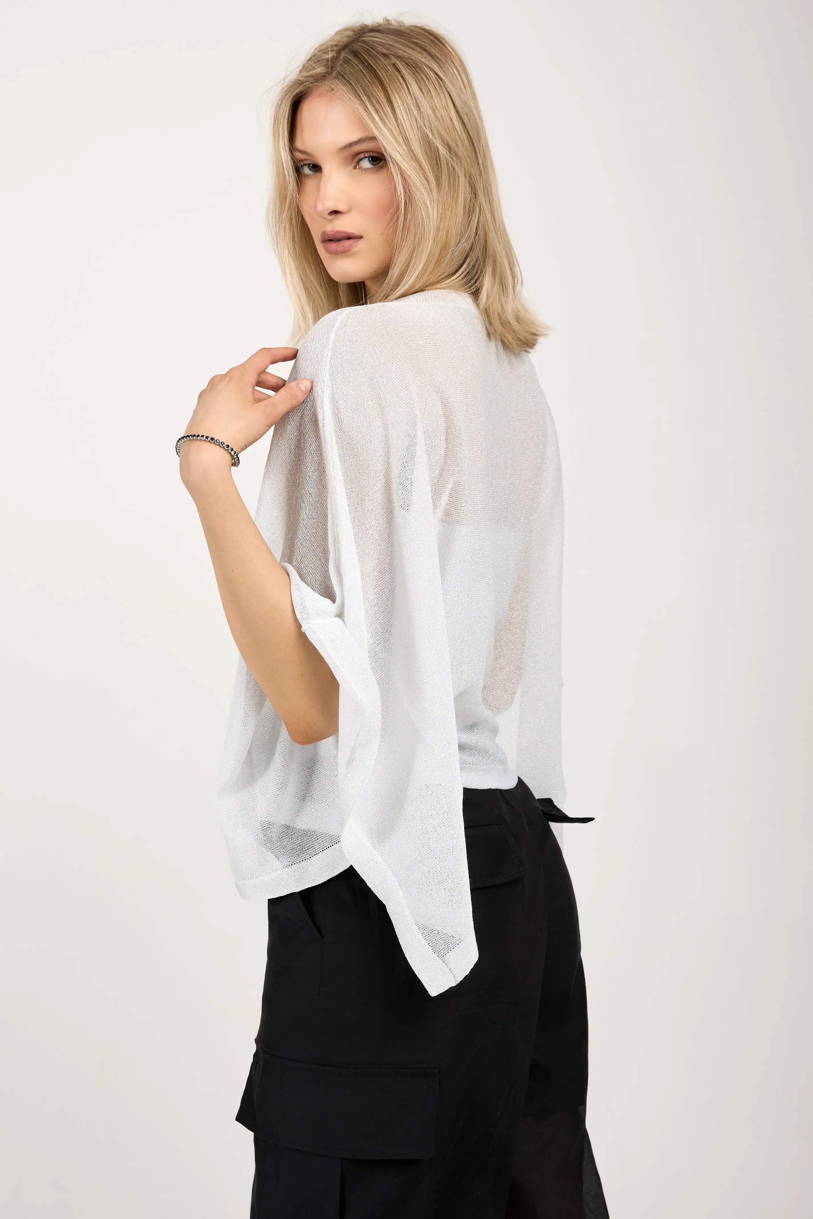 Cotton Knit Kimono Top in White with Silver Lurex