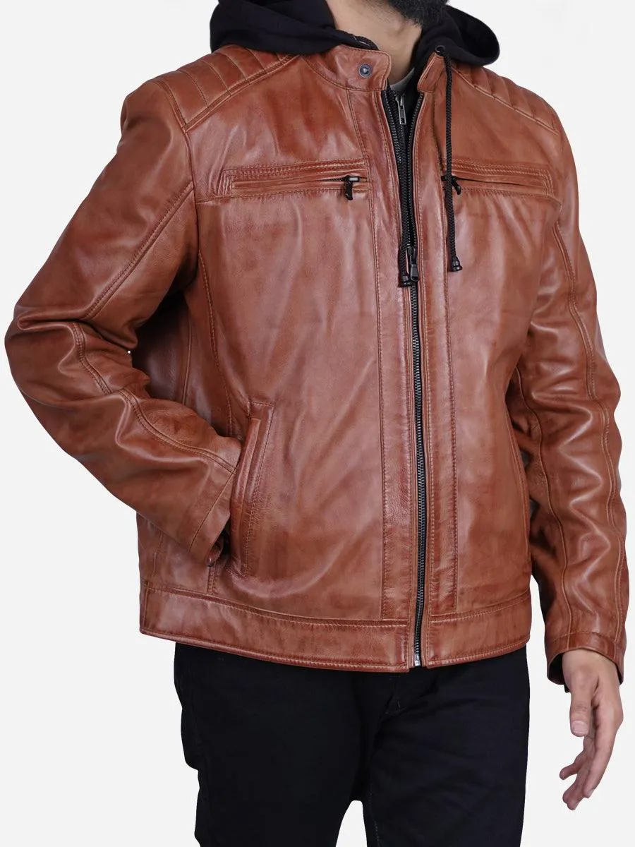 Davis Men's Brown Leather Jacket with Hood