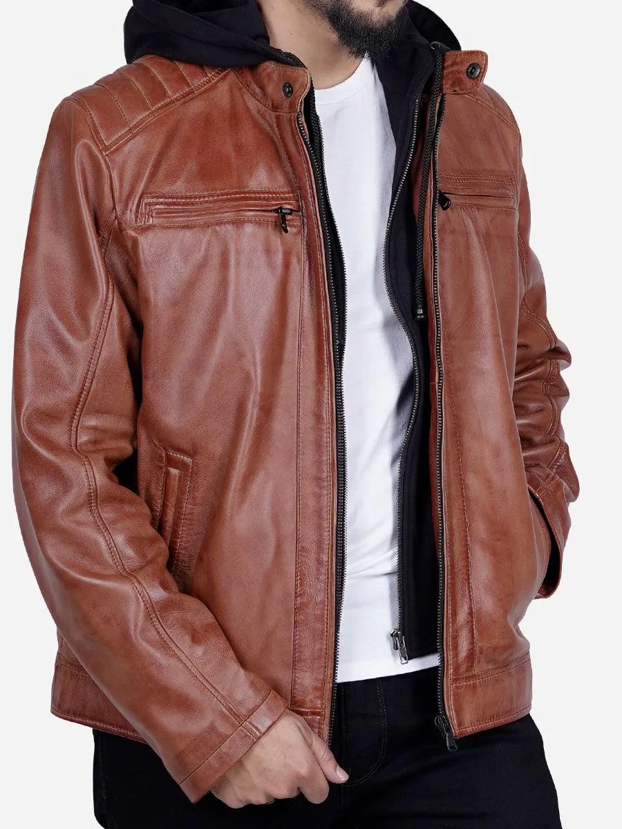 Davis Men's Brown Leather Jacket with Hood