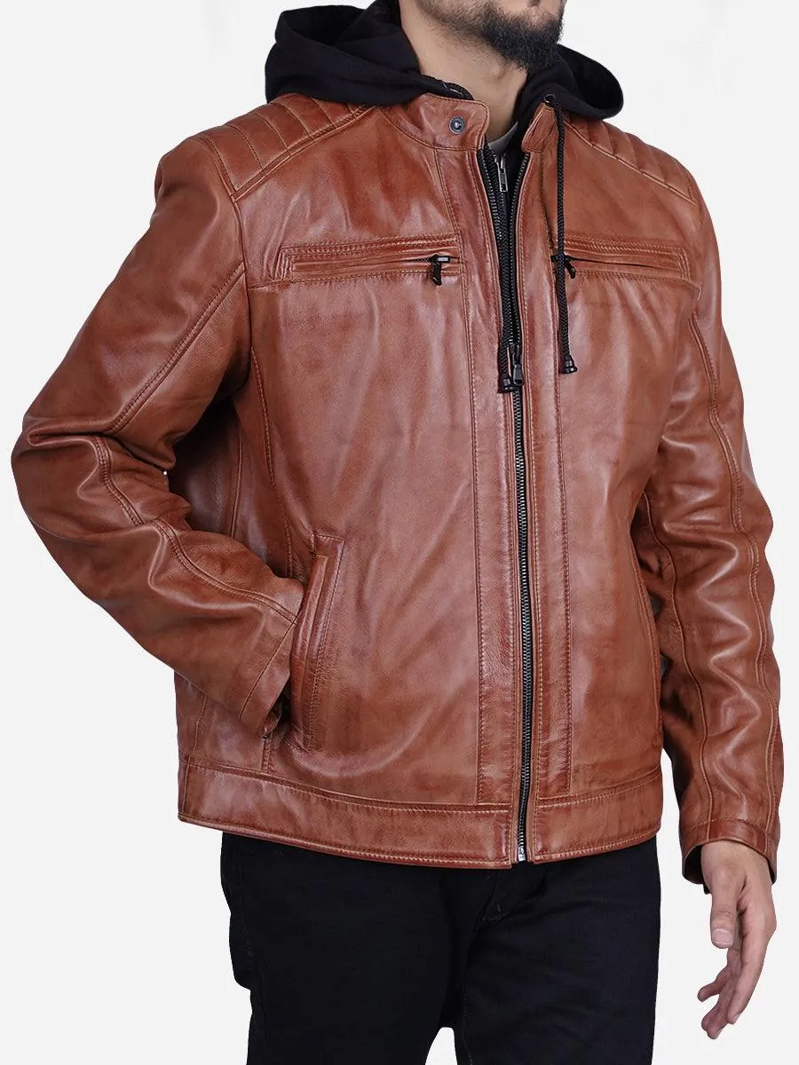 Davis Men's Brown Leather Jacket with Hood