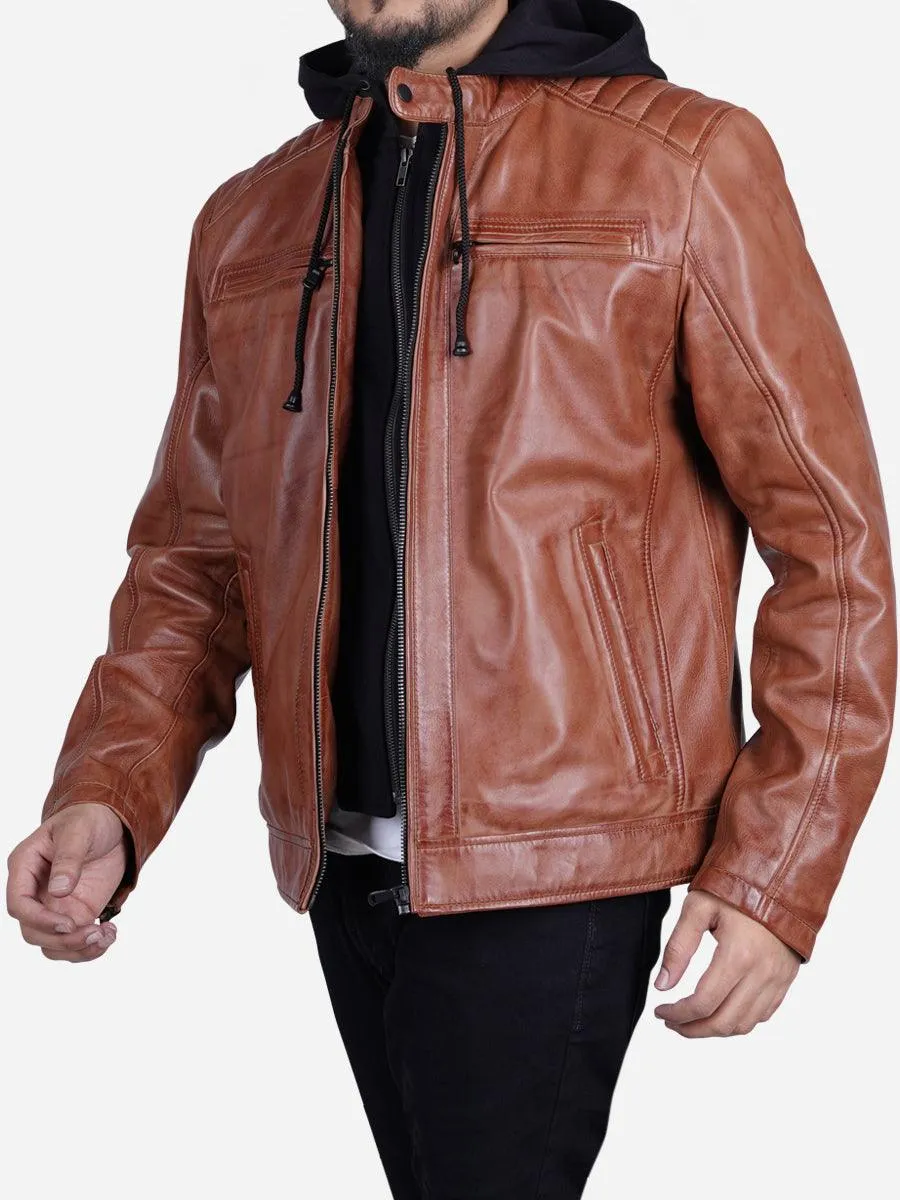 Davis Men's Brown Leather Jacket with Hood