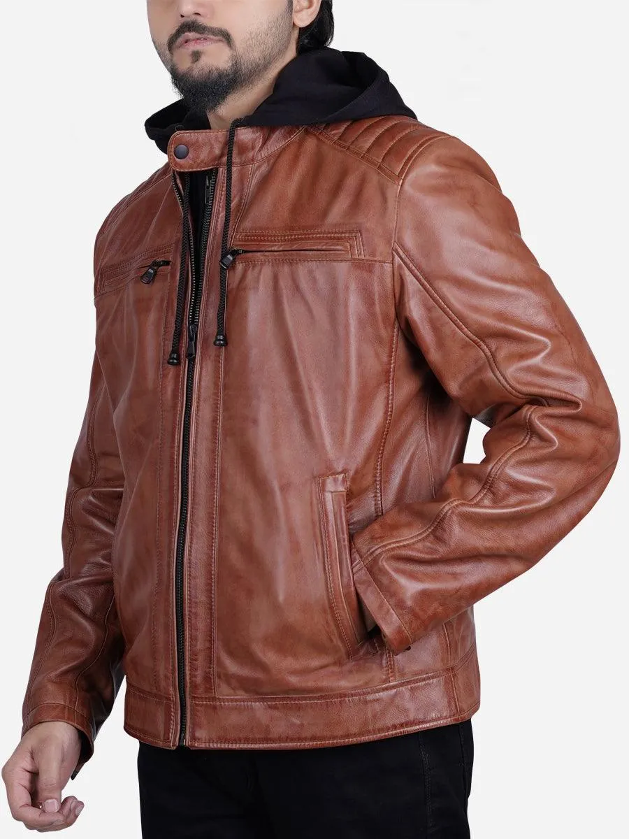 Davis Men's Brown Leather Jacket with Hood