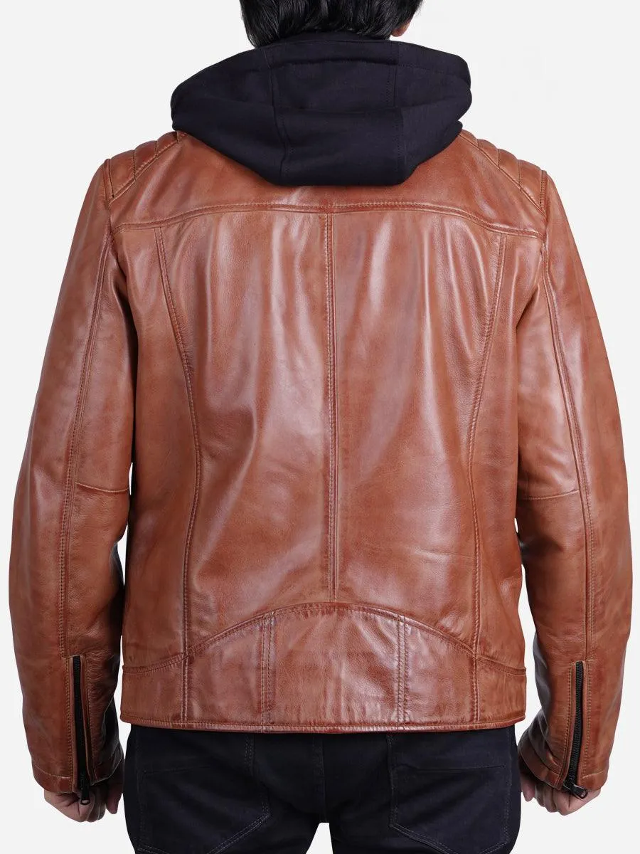 Davis Men's Brown Leather Jacket with Hood