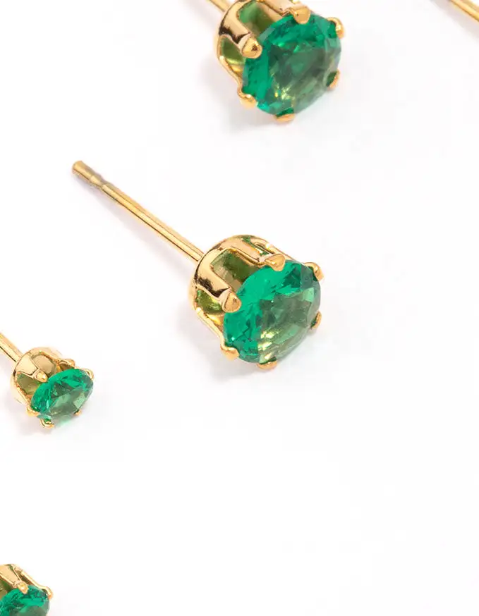 Gold Plated Stainless Steel Emerald Cubic Zirconia Stud Earring 3-Pack