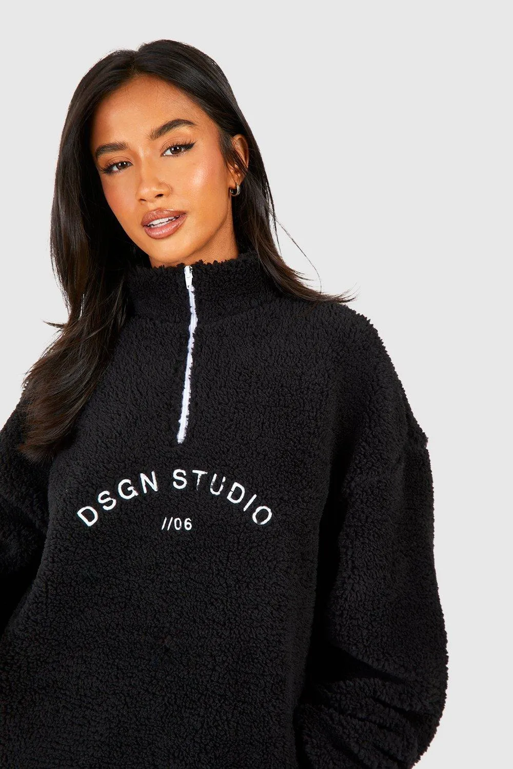 Hoodies & Sweatshirts | Petite Premium Borg Embroidered Half Zip Sweater | boohoo