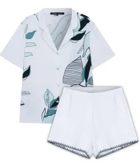 House of Silk Women's White / Green / Black Zen Viscose Patterned Soft Shorts Pyjama Set