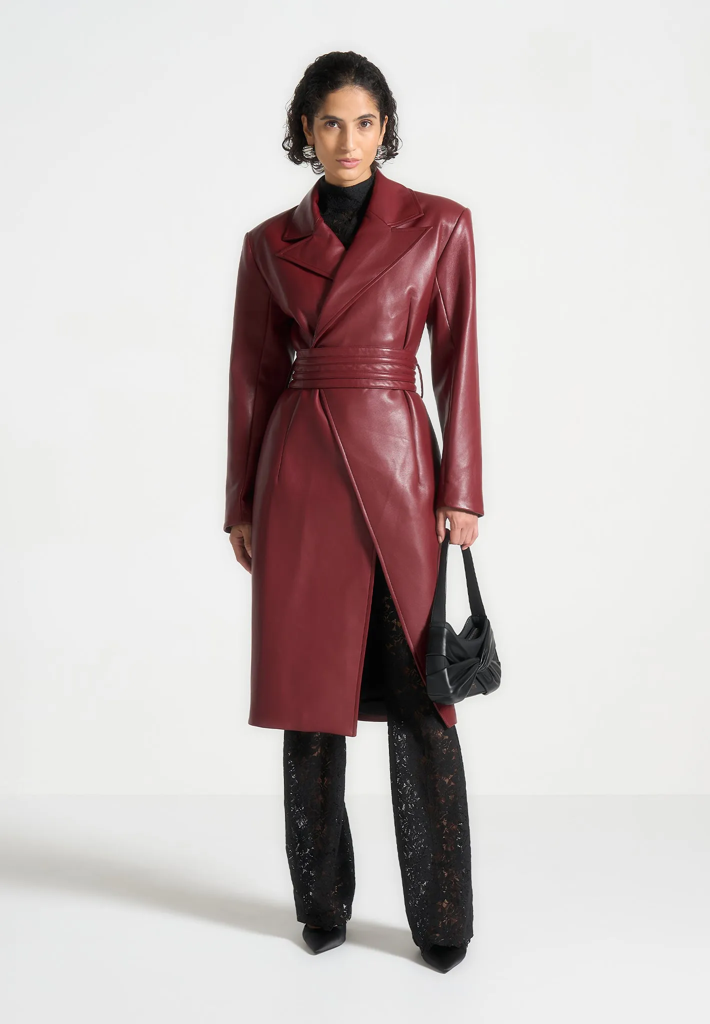 Leather Asymmetric Belted Coat - Wine Red