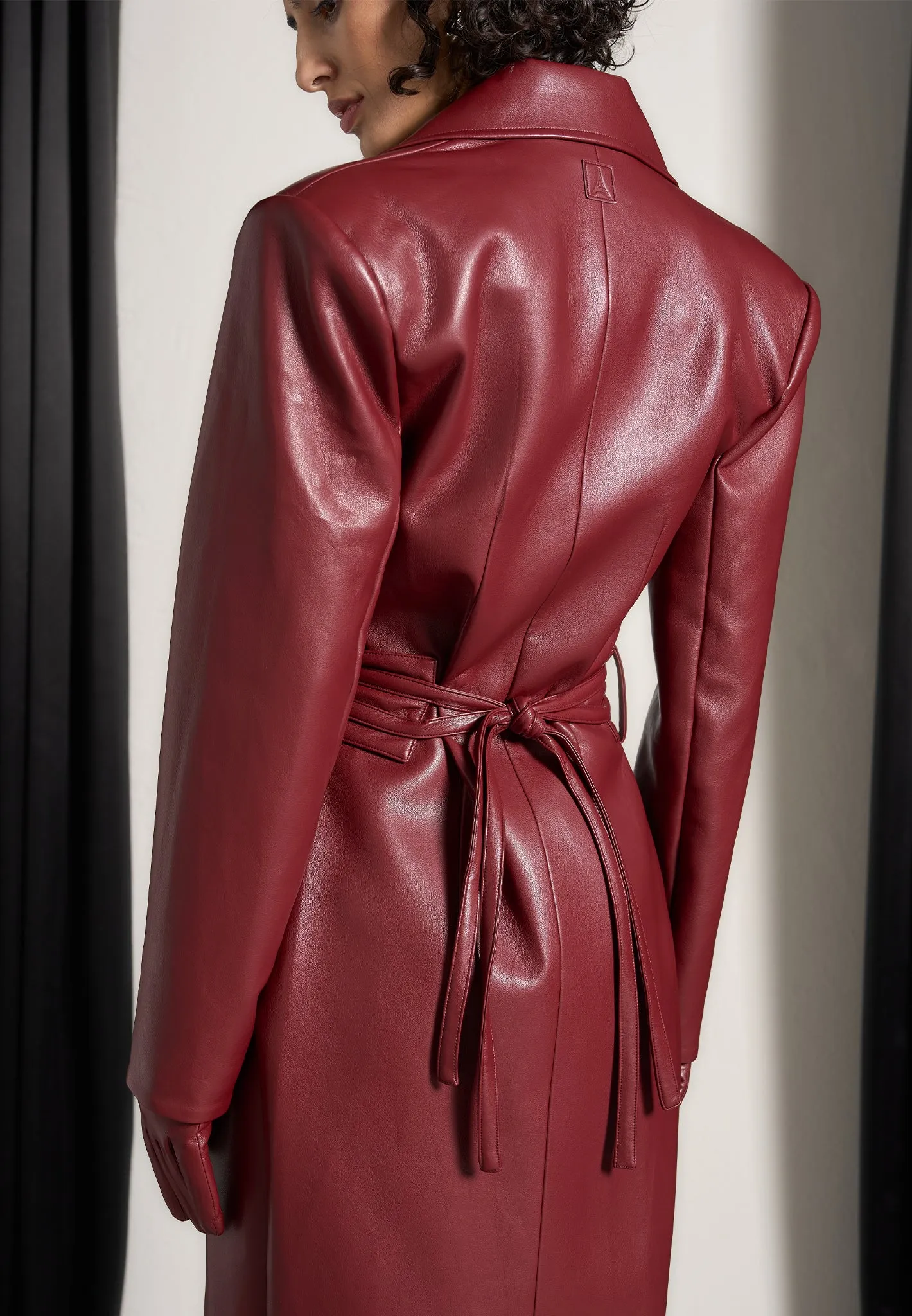 Leather Asymmetric Belted Coat - Wine Red