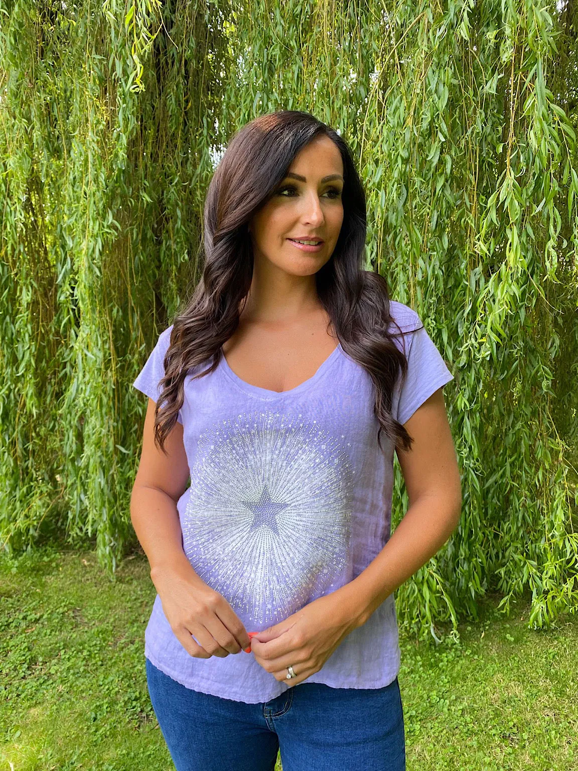 Linen Blend Diamante Star Top Flossie