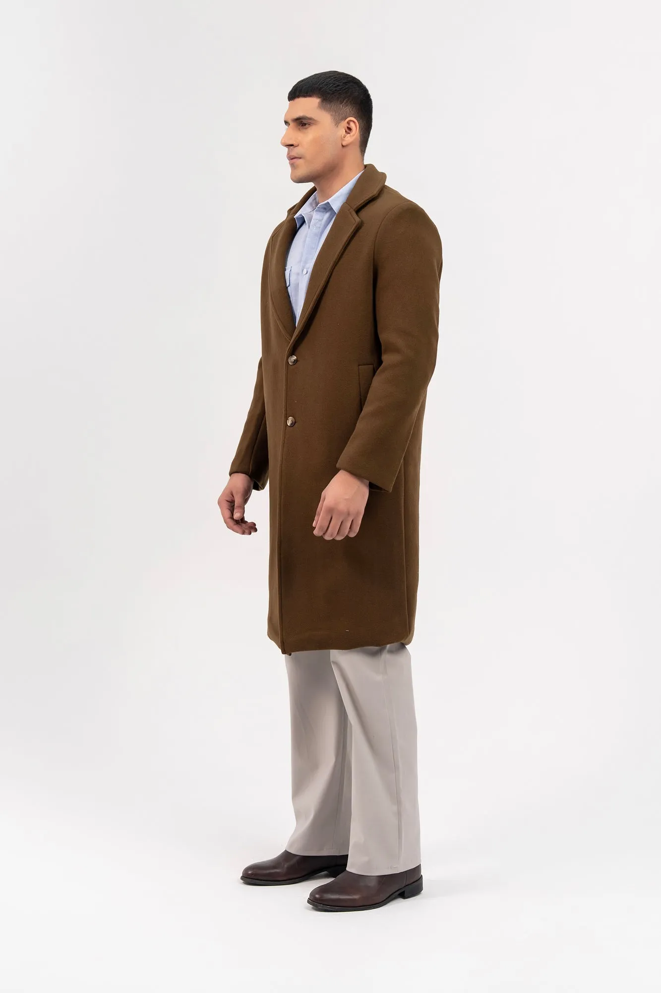 Men's Long Wool Coat - Greenish Brown