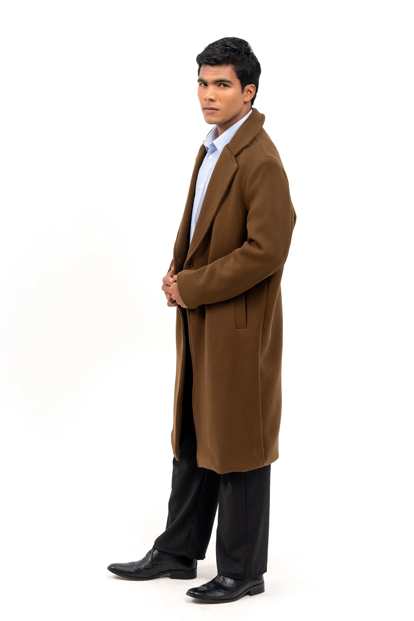 Men's Long Wool Coat - Greenish Brown