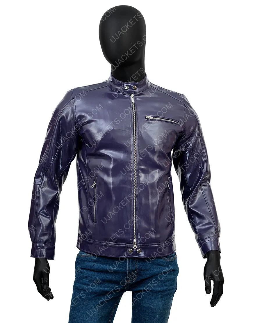 Mens Snap Tab Collar Casual Purple Biker Jacket - Ujackets