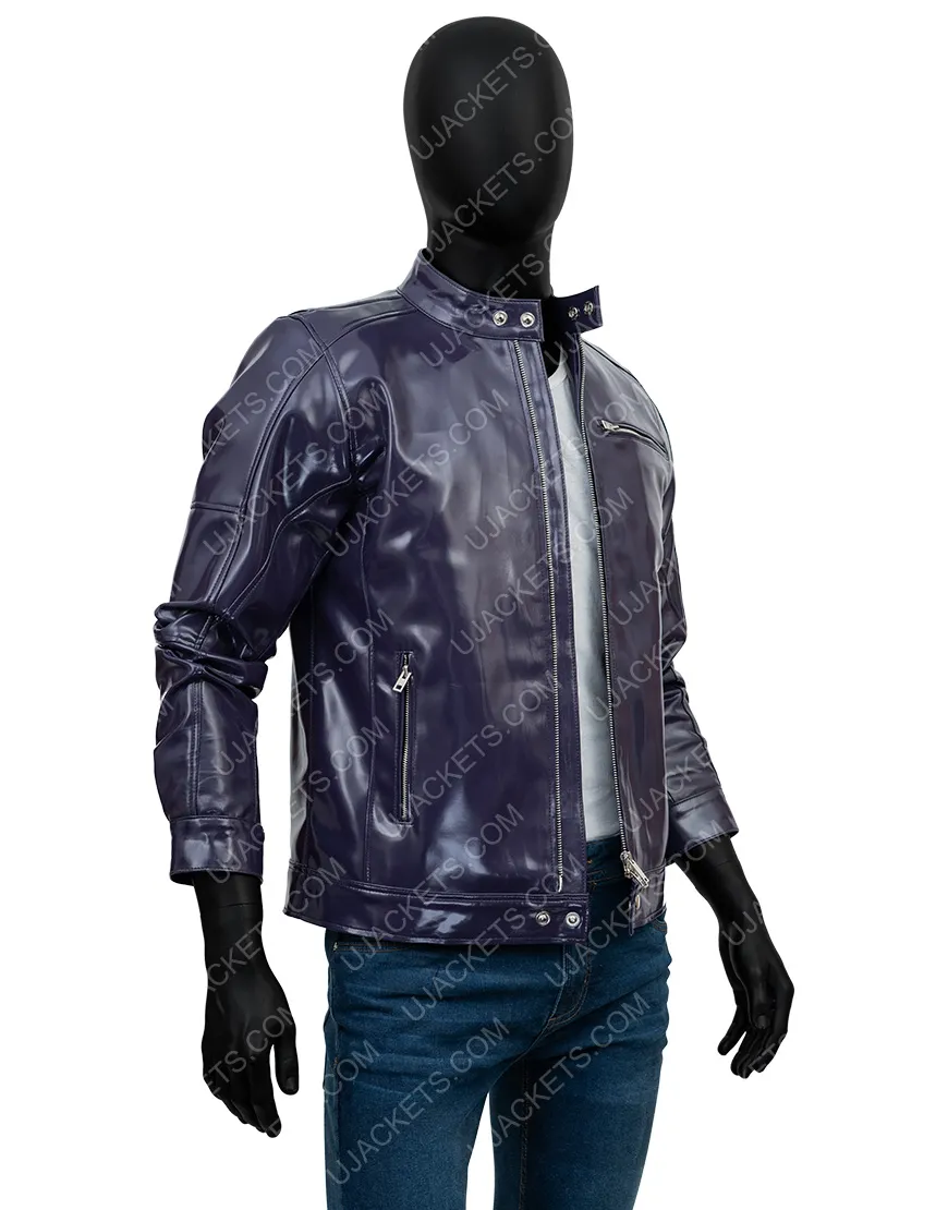 Mens Snap Tab Collar Casual Purple Biker Jacket - Ujackets