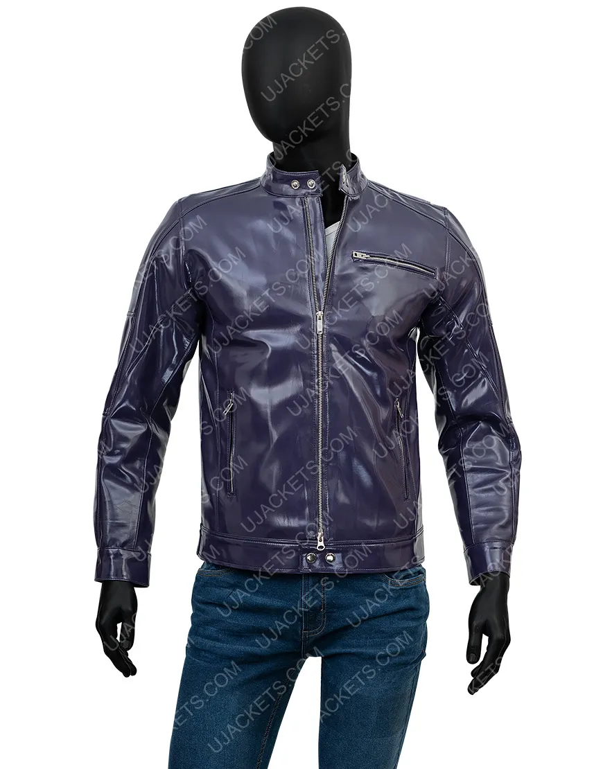 Mens Snap Tab Collar Casual Purple Biker Jacket - Ujackets