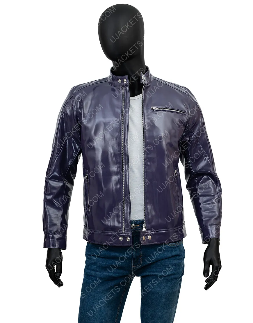 Mens Snap Tab Collar Casual Purple Biker Jacket - Ujackets