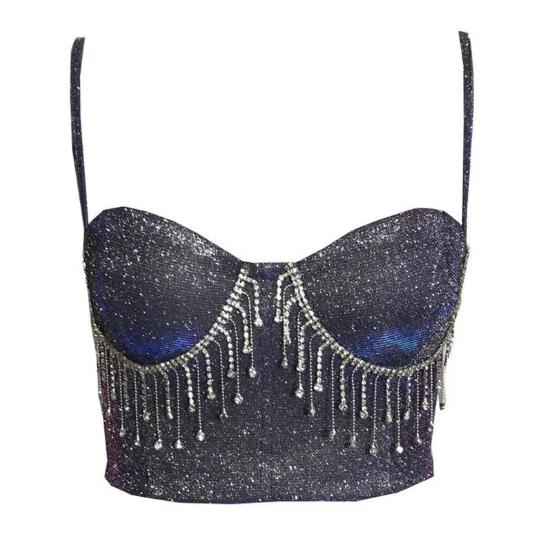 New Trend Crystal Tassel Bralette Push Up Matalic Sparkle Glitter Crop Tops