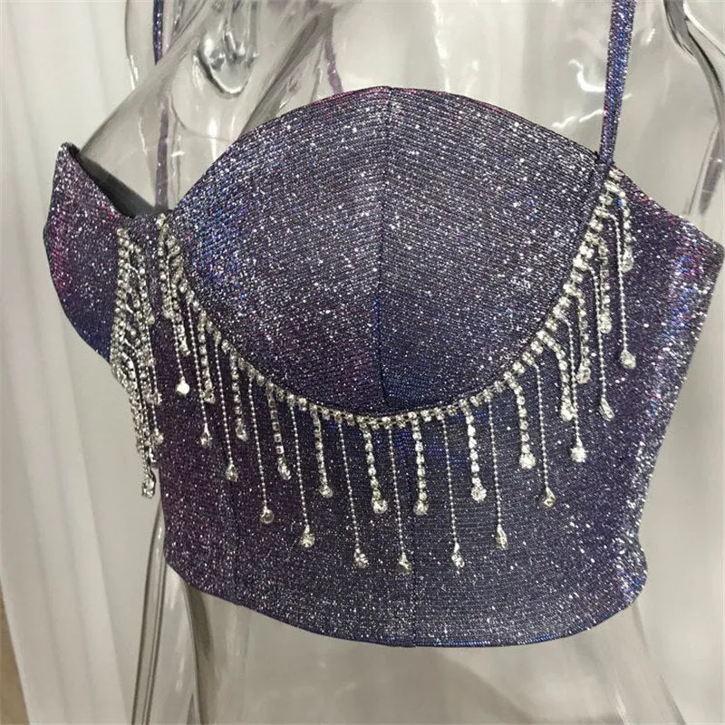 New Trend Crystal Tassel Bralette Push Up Matalic Sparkle Glitter Crop Tops