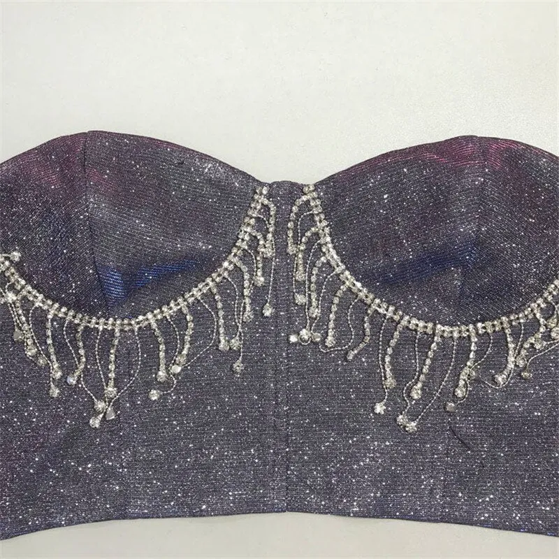 New Trend Crystal Tassel Bralette Push Up Matalic Sparkle Glitter Crop Tops