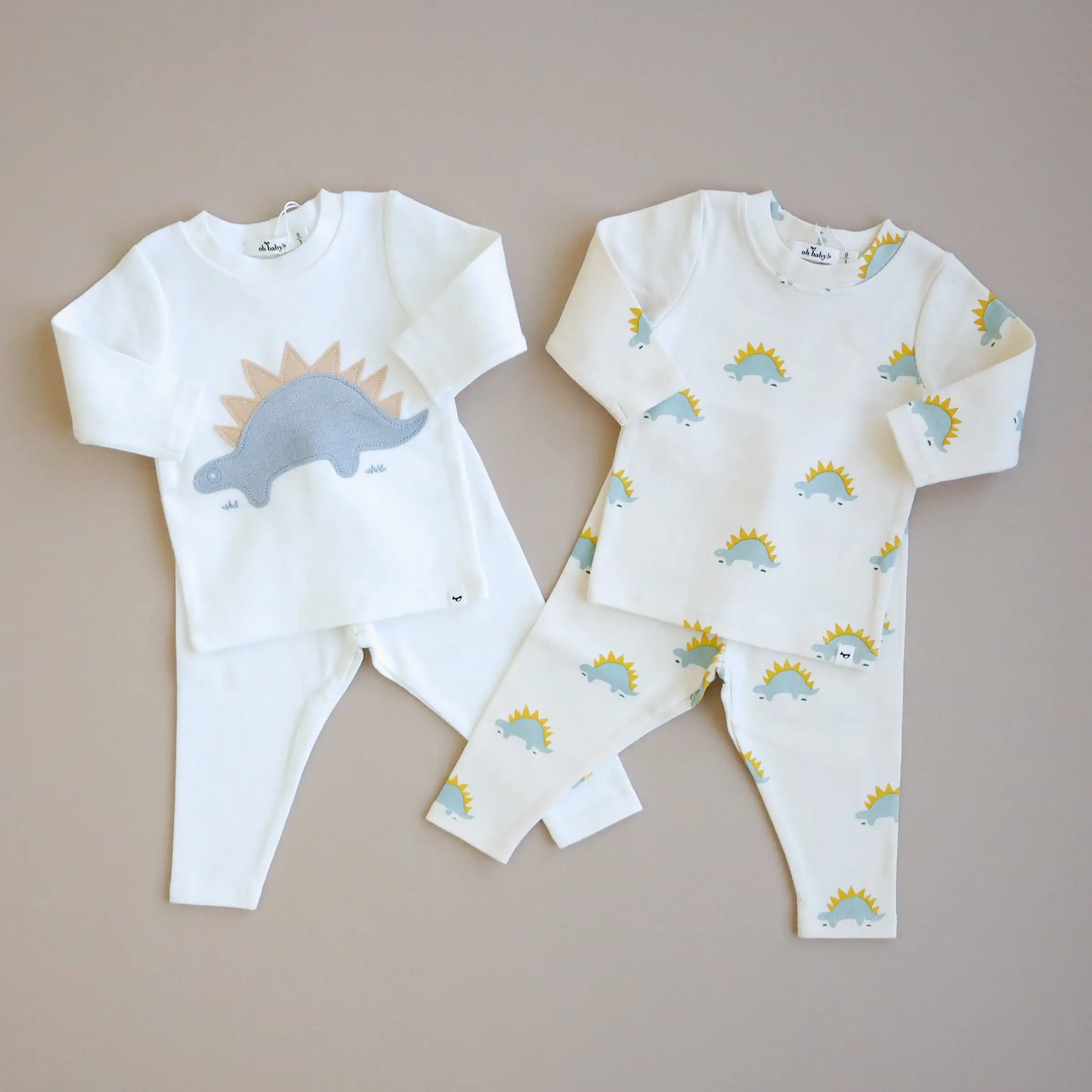 oh baby! Two Piece Set Mist Stegosaurus Applique - Cream