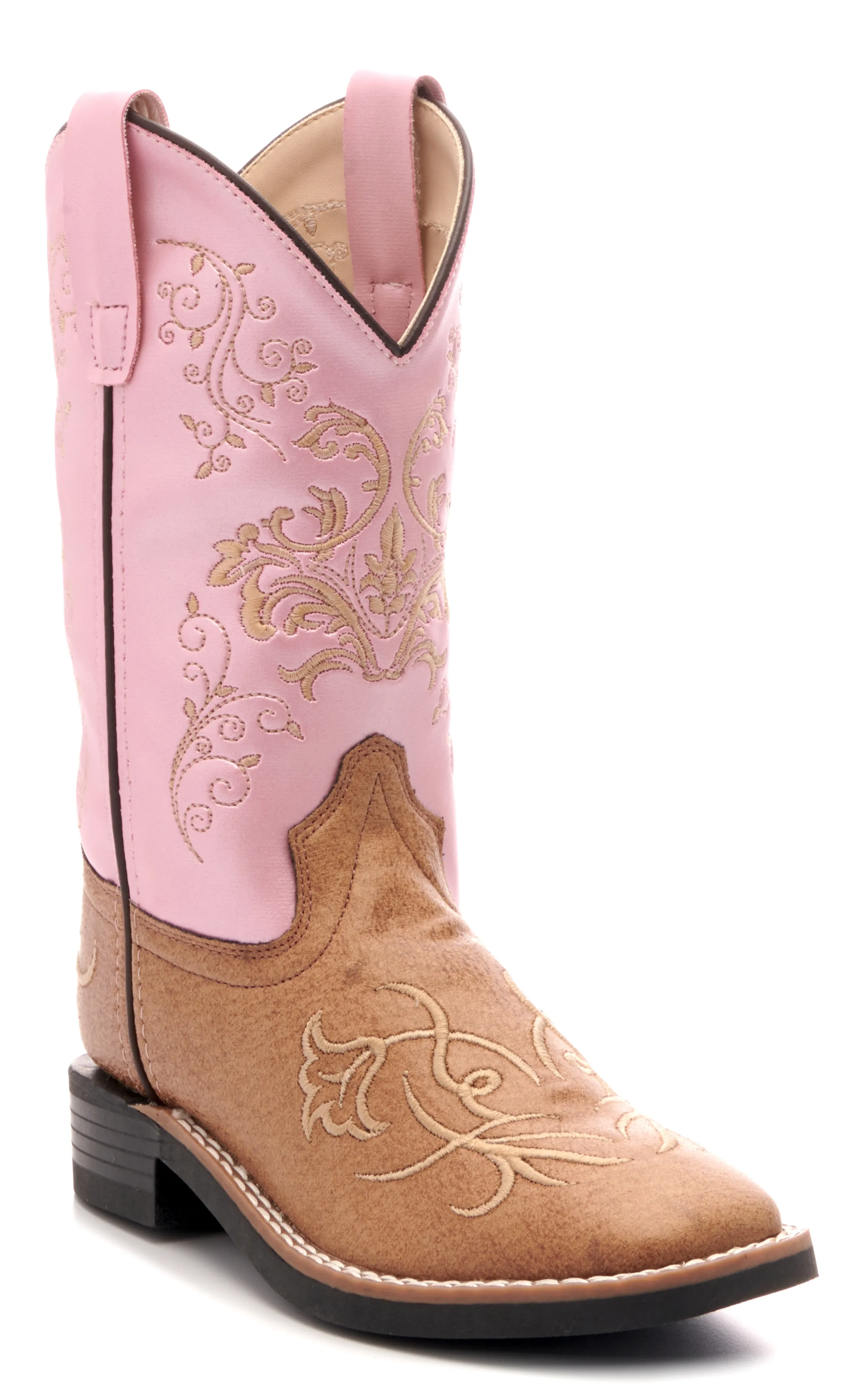 Old West Kids Tan and Pink Square Toe Cowboy Boots