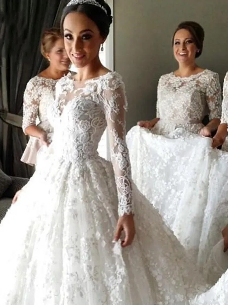 Princess Long Sleeve Lace Cinderella Wedding Dress with Sleeves WS082