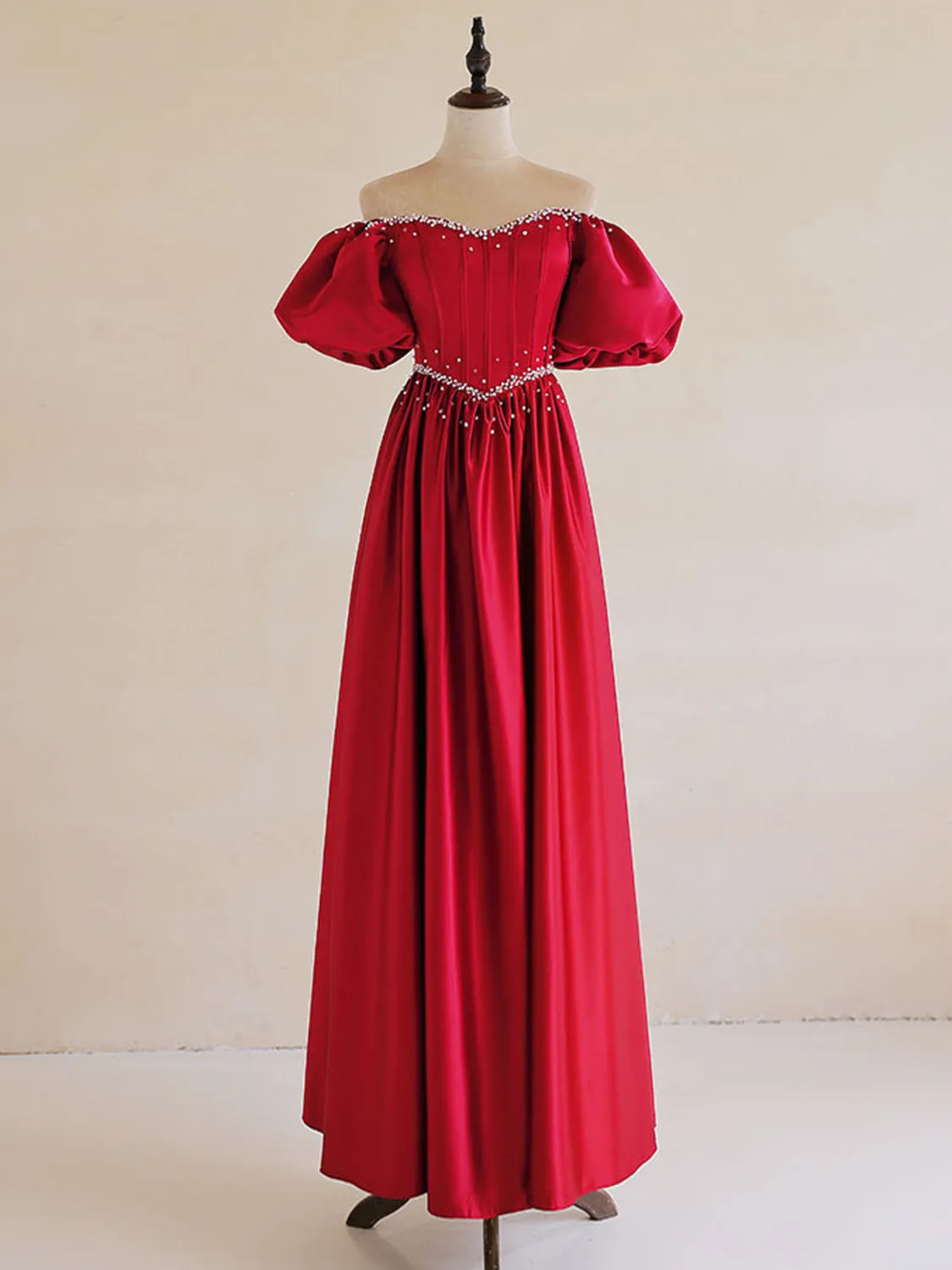 Red Drop Waist Satin Long Prom Dress with Bubble Sleeves