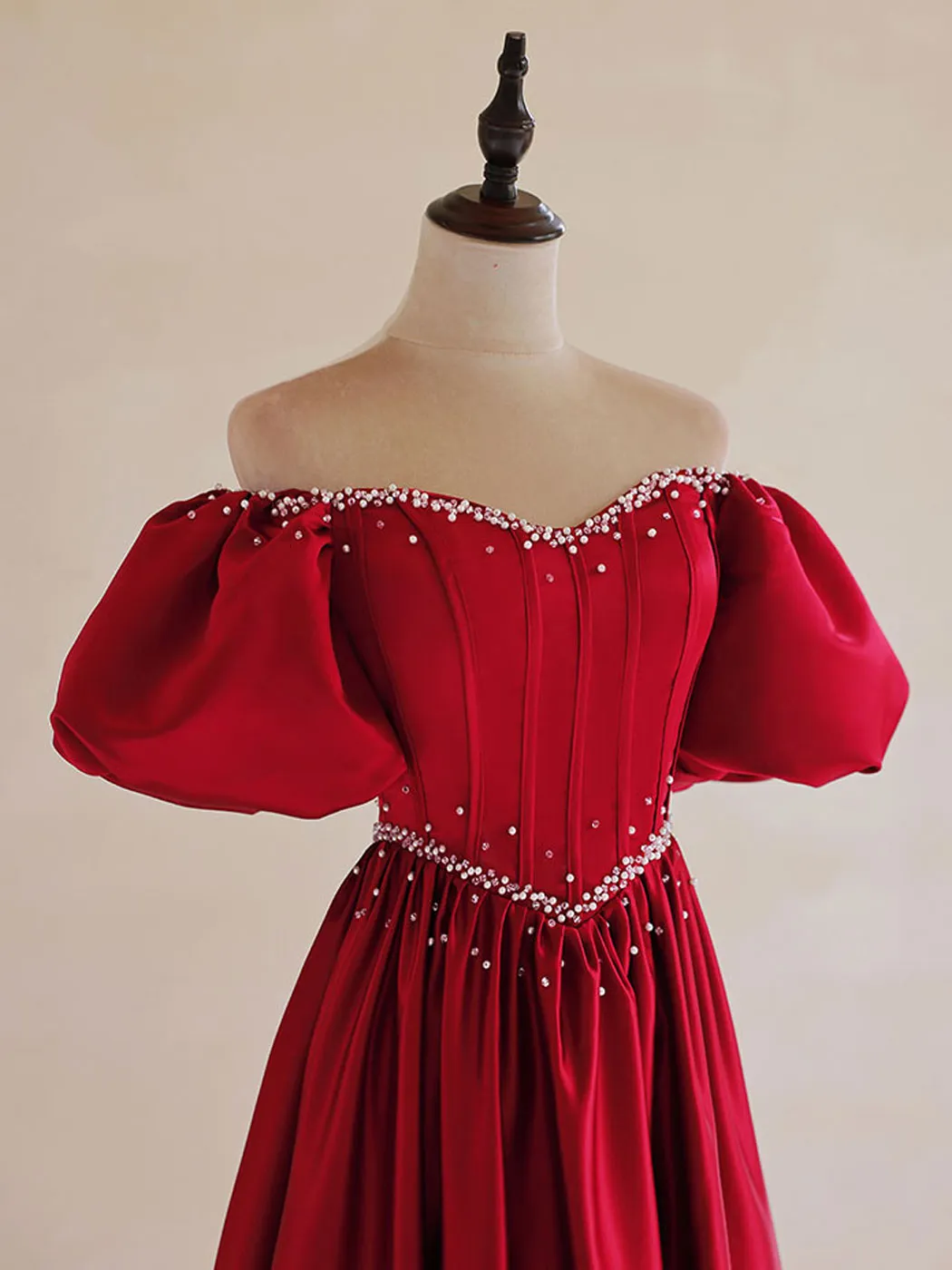 Red Drop Waist Satin Long Prom Dress with Bubble Sleeves