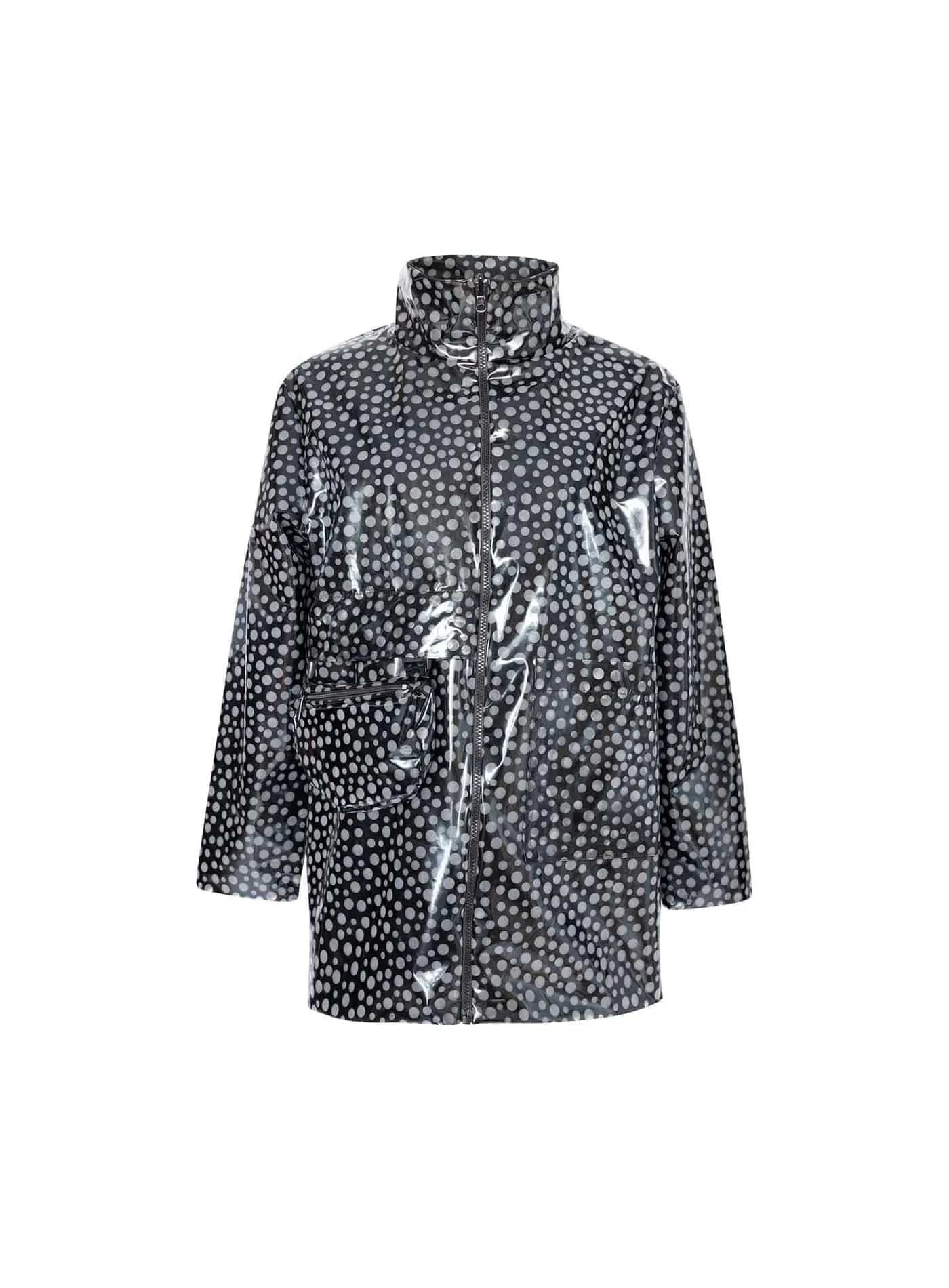 Reversible Design Rain Jacket in Transparent Polka Dot Vinyl and Black Nylon