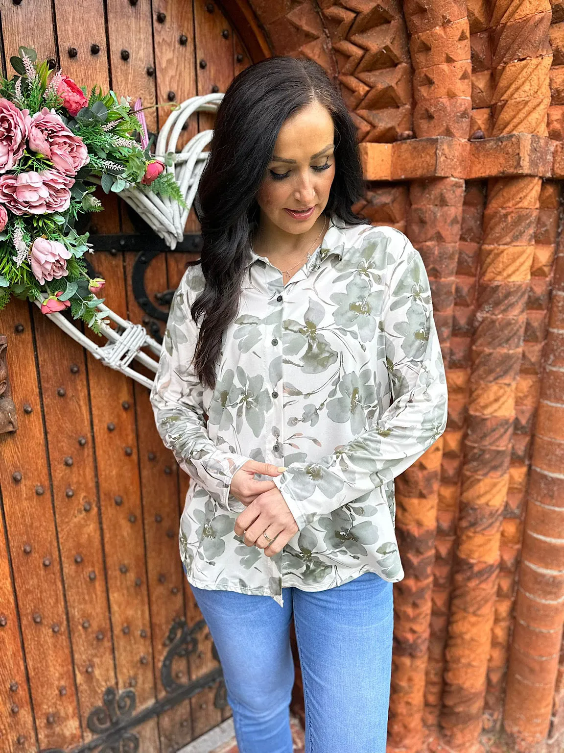 Sage Floral Button Blouse Ava