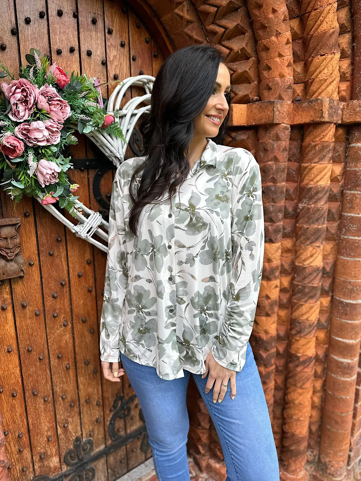 Sage Floral Button Blouse Ava