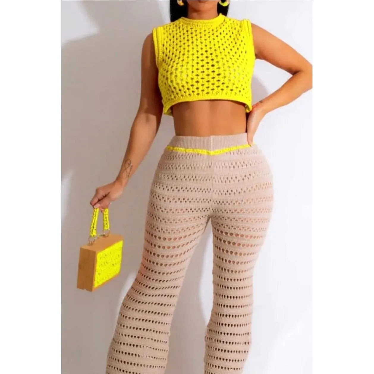 Sexy Knitted Crop Top and Pant Set