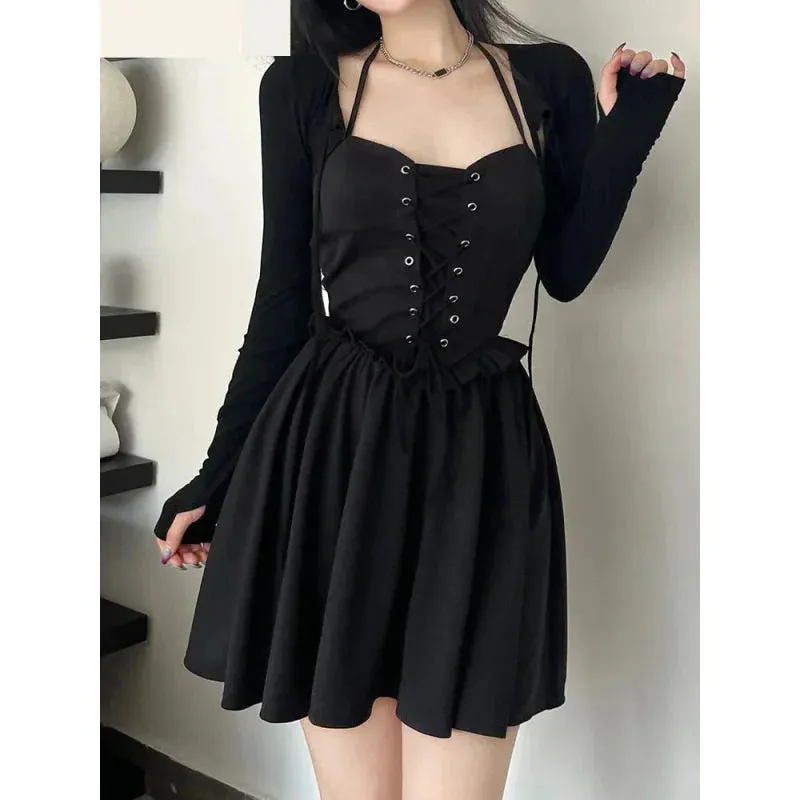 Sexy Slim Bandage A Line Solid Halter Sleeveless Crop Tops Mini 2 Piece Set Dresses For Women Autumn