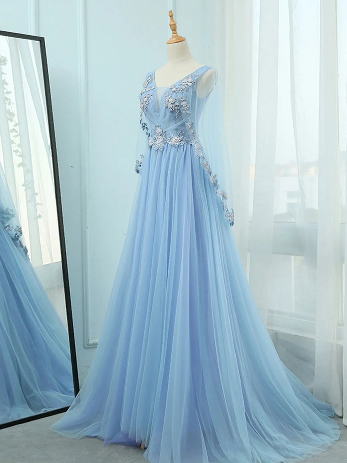 Sky Blue V Neck A-line Long Prom Dress with Long Sleeves