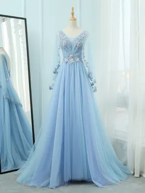 Sky Blue V Neck A-line Long Prom Dress with Long Sleeves