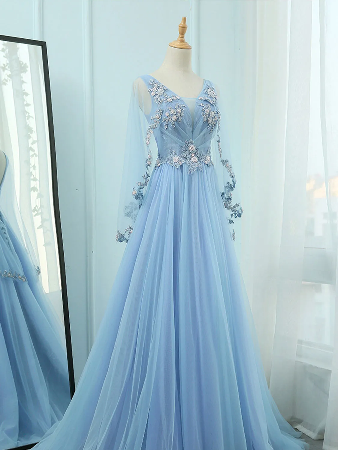 Sky Blue V Neck A-line Long Prom Dress with Long Sleeves