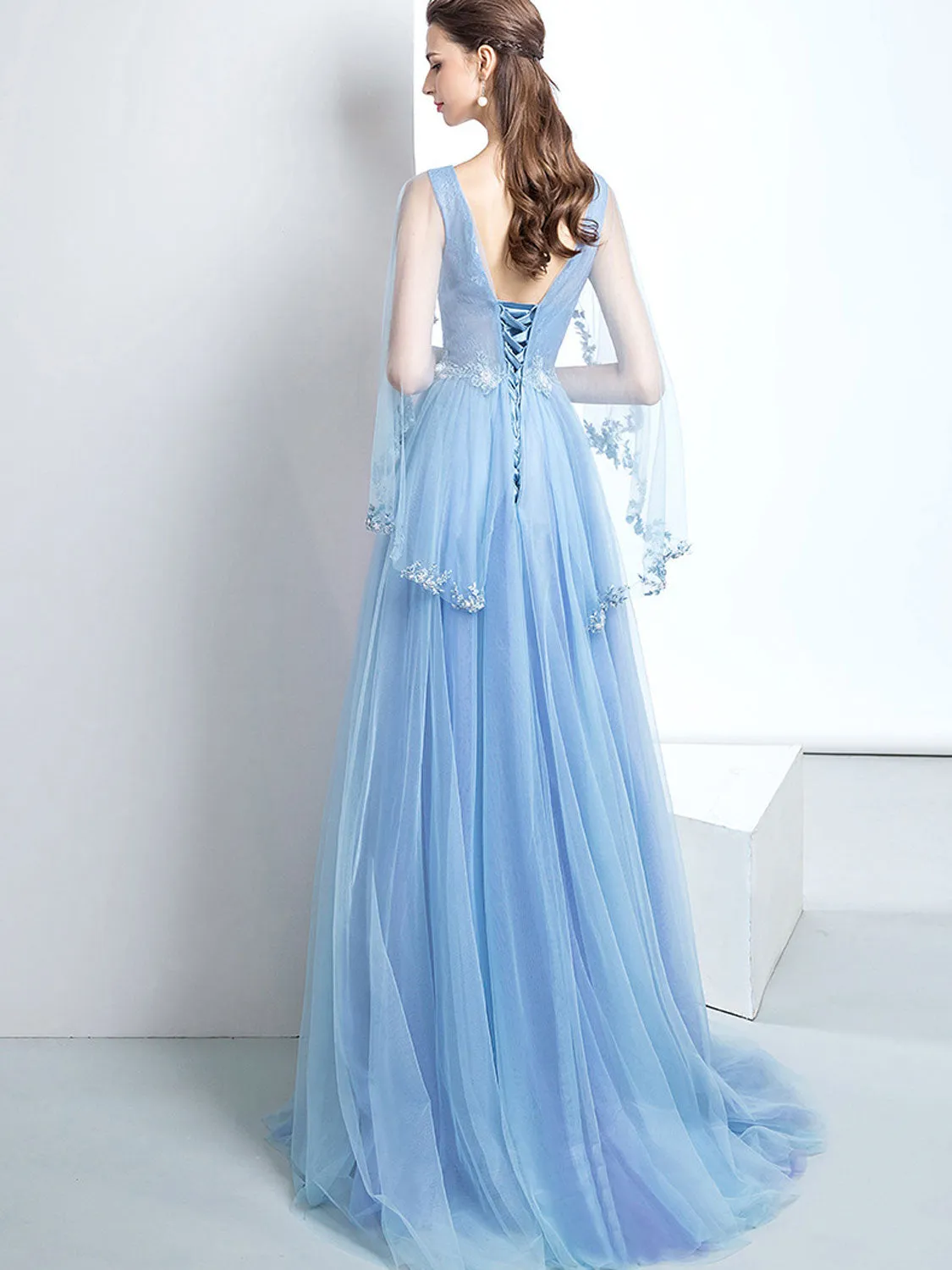 Sky Blue V Neck A-line Long Prom Dress with Long Sleeves