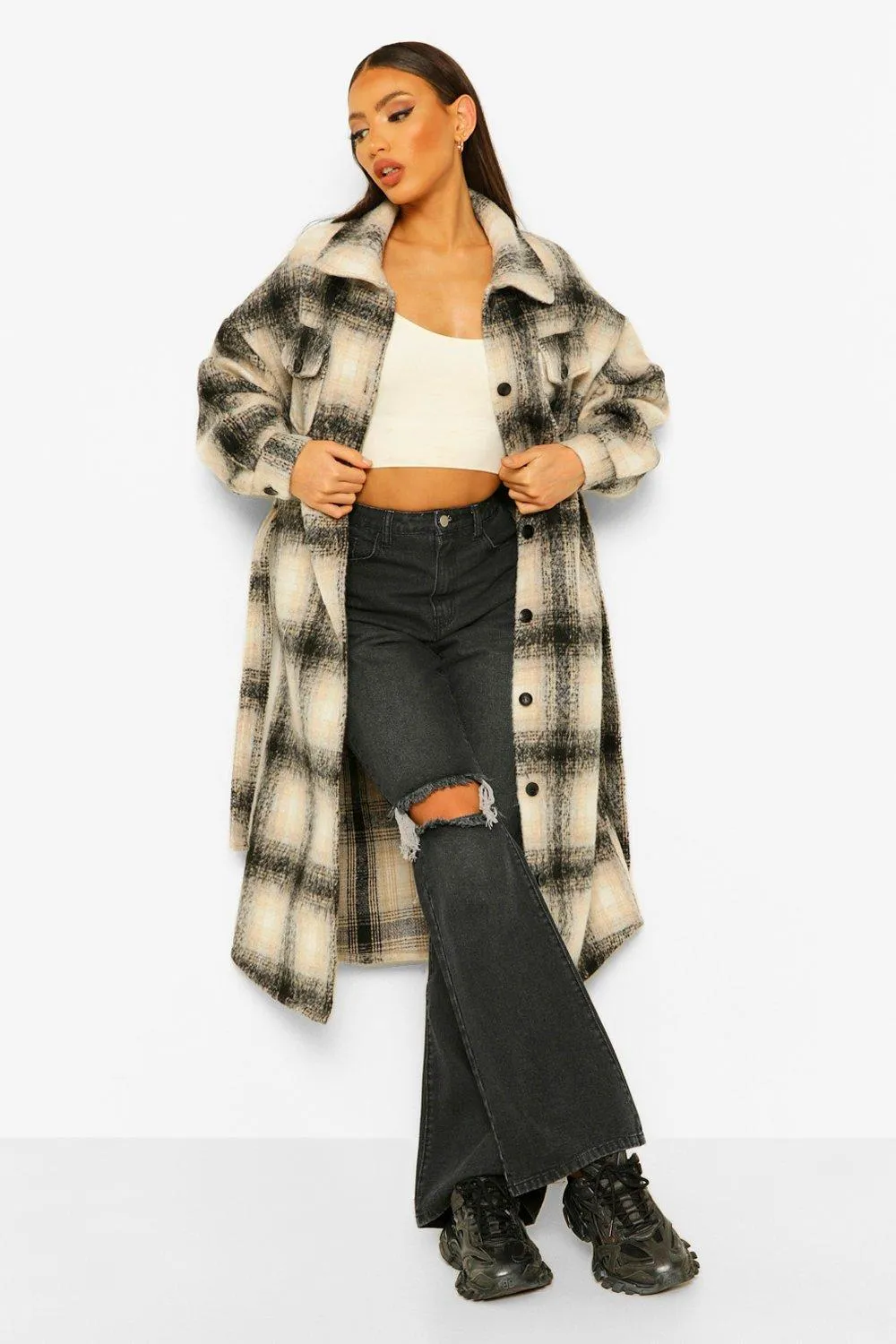 Tall Longline Wool Look Belted Check Shacket Coat