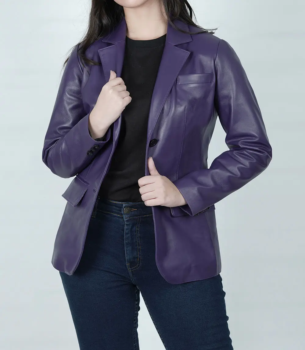 Women's Two Button Purple Leather Blazer Jacket