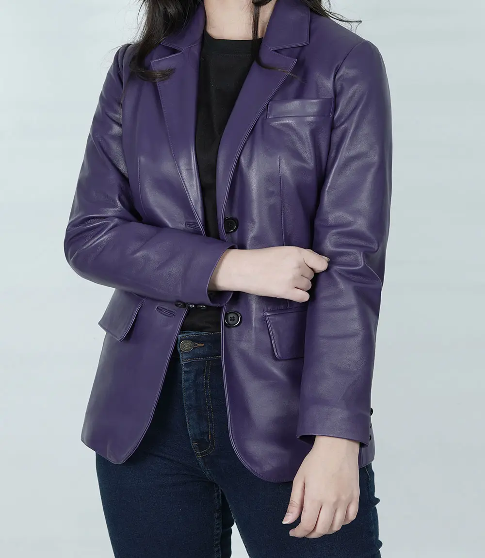 Women's Two Button Purple Leather Blazer Jacket