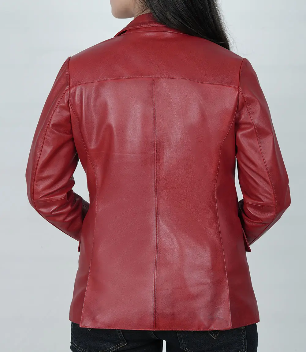 Women's Two Button Red Leather Blazer Jacket