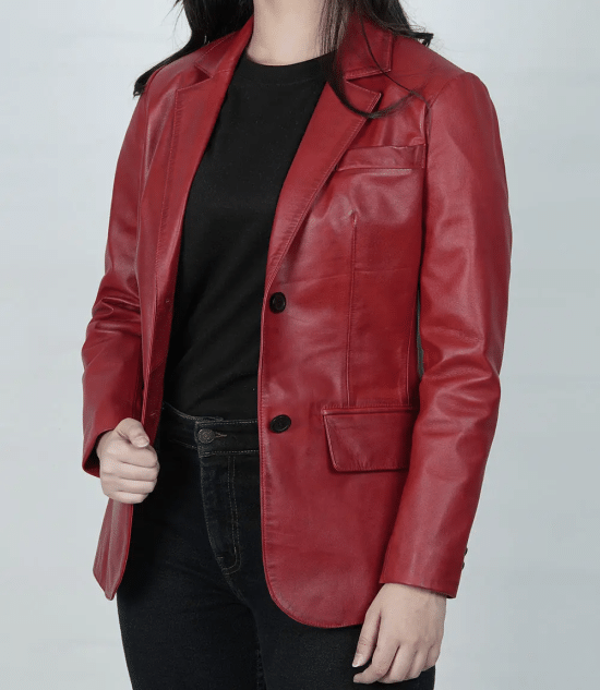 Women's Two Button Red Leather Blazer Jacket